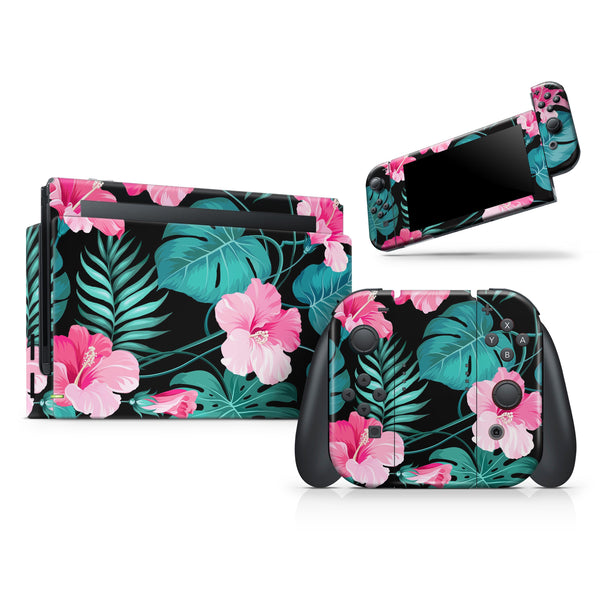 Tropical Mint and Vivid Pink Floral v2 // Skin Decal Wrap Kit for Nintendo Switch Console & Dock, Joy-Cons, Pro Controller, Lite, 3DS XL, 2DS XL, DSi, or Wii