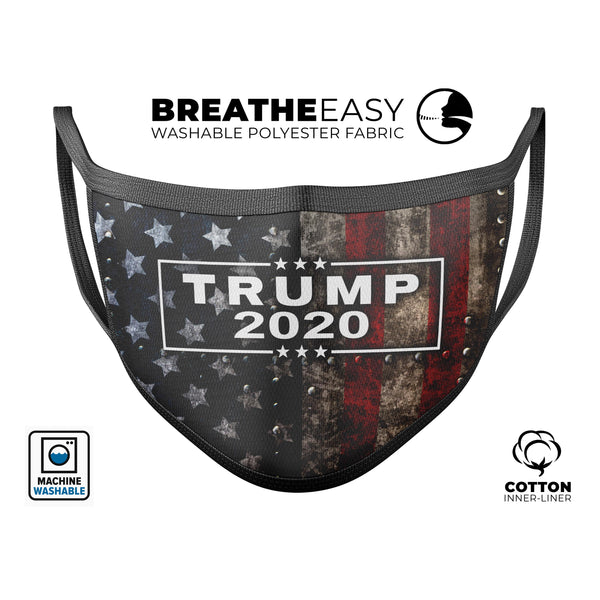 Trump 2020 Riveted Metal American Flag USA 2 - Made in USA Mouth Cover Unisex Anti-Dust Cotton Blend Reusable & Washable Face Mask with Adjustable Sizing for Adult or Child