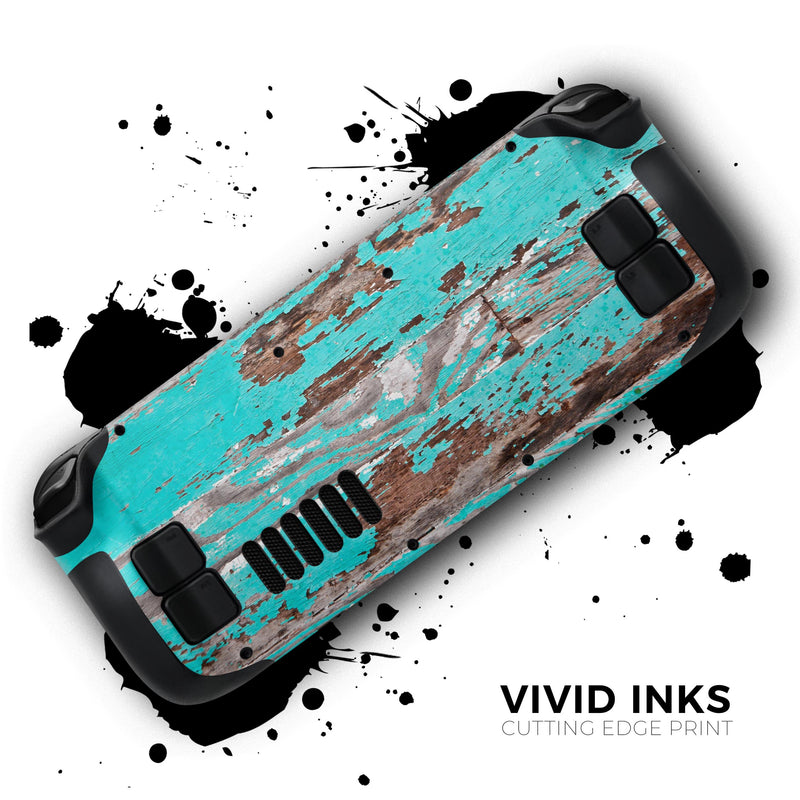 Turquoise Chipped Paint on Wood // Full Body Skin Decal Wrap Kit for the Steam Deck handheld gaming computer