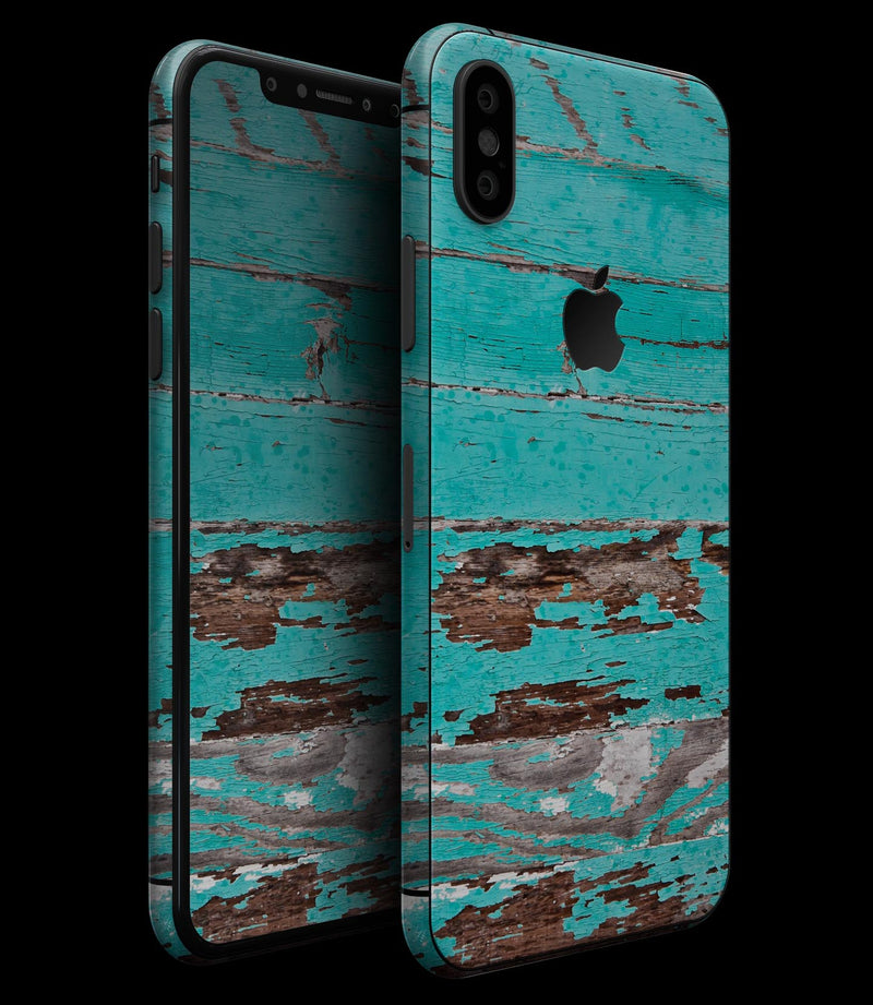 Turquoise Chipped Paint on Wood - iPhone XS MAX, XS/X, 8/8+, 7/7+, 5/5S/SE Skin-Kit (All iPhones Available)
