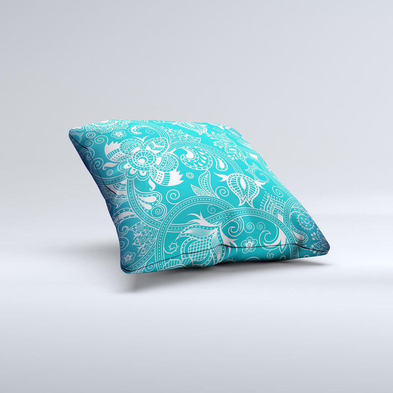 Turquoise Fancy White Floral Design Ink-Fuzed Decorative Throw Pillow