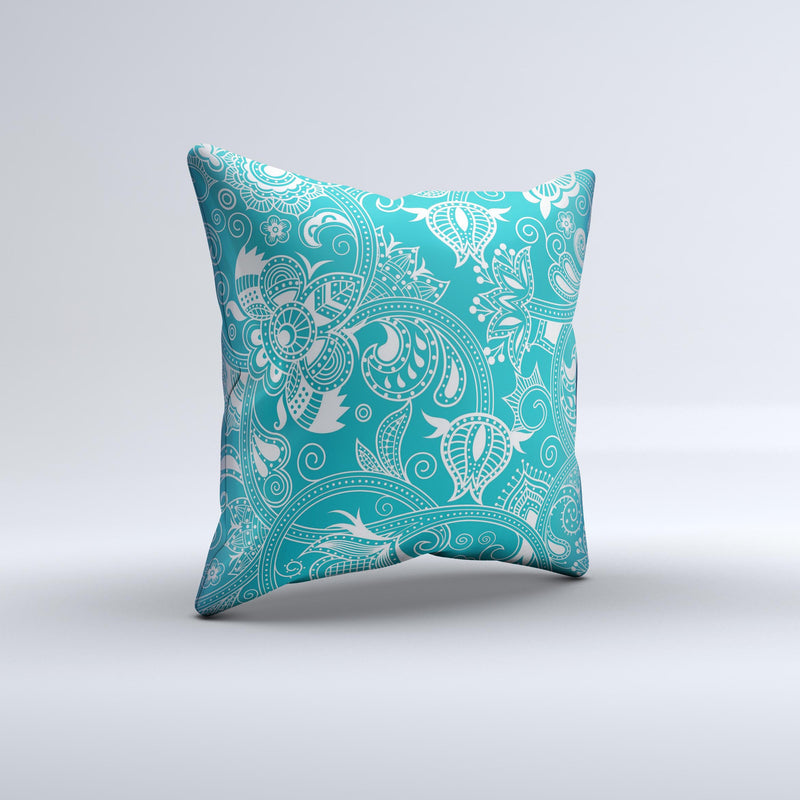 Turquoise Fancy White Floral Design Ink-Fuzed Decorative Throw Pillow
