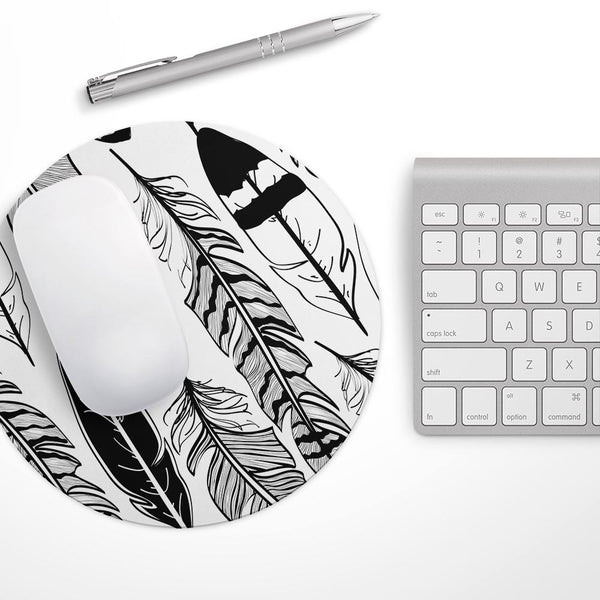 Vector Black and White Feathers// WaterProof Rubber Foam Backed Anti-Slip Mouse Pad for Home Work Office or Gaming Computer Desk