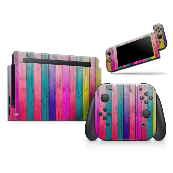 Vibrant Neon Colored Wood Strips // Skin Decal Wrap Kit for Nintendo Switch Console & Dock, Joy-Cons, Pro Controller, Lite, 3DS XL, 2DS XL, DSi, or Wii