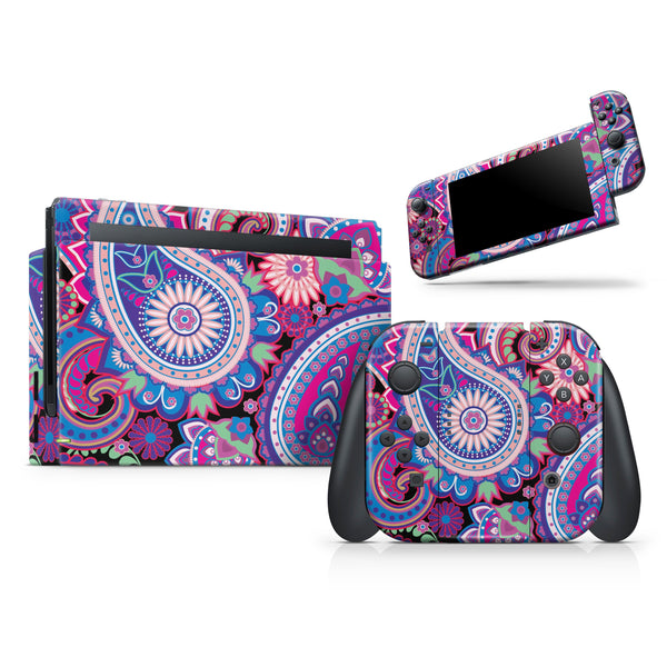 Vibrant Purple Paisley V5 // Skin Decal Wrap Kit for Nintendo Switch Console & Dock, Joy-Cons, Pro Controller, Lite, 3DS XL, 2DS XL, DSi, or Wii