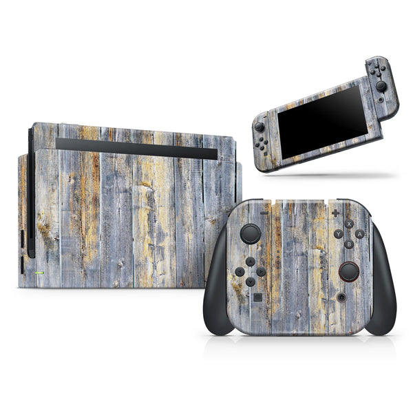 Vintage Wooden Planks with Yellow Paint // Skin Decal Wrap Kit for Nintendo Switch Console & Dock, Joy-Cons, Pro Controller, Lite, 3DS XL, 2DS XL, DSi, or Wii