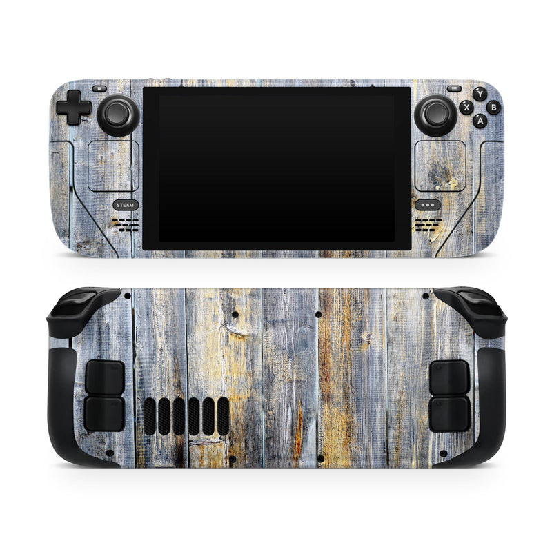 Vintage Wooden Planks with Yellow Paint // Full Body Skin Decal Wrap Kit for the Steam Deck handheld gaming computer