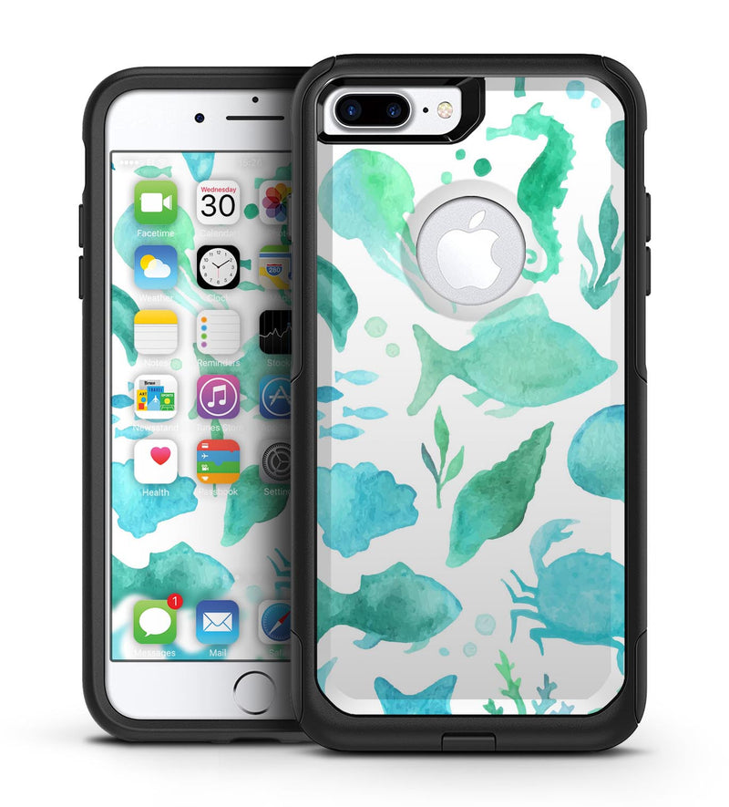 Vivid Blue Watercolor Sea Creatures V2 - iPhone 7 or 7 Plus Commuter Case Skin Kit