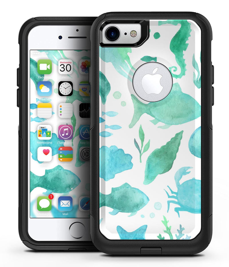 Vivid Blue Watercolor Sea Creatures V2 - iPhone 7 or 7 Plus Commuter Case Skin Kit