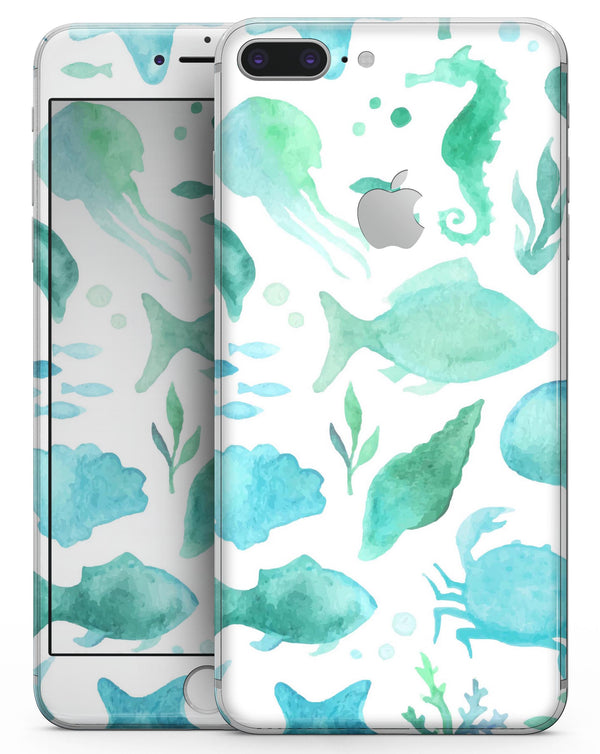 Vivid Blue Watercolor Sea Creatures V2 - Skin-kit for the iPhone 8 or 8 Plus