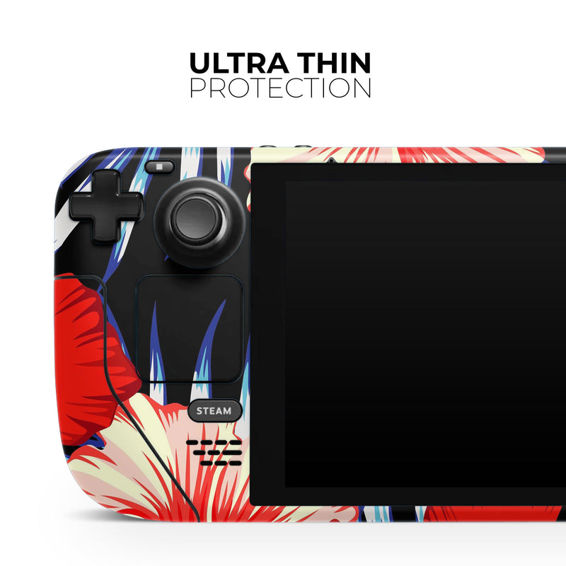 Vivid Tropical Red Floral v1 // Full Body Skin Decal Wrap Kit for the Steam Deck handheld gaming computer