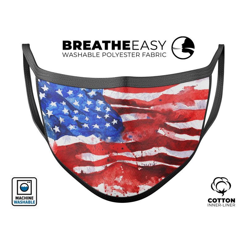 Watercolor American Flag - Made in USA Mouth Cover Unisex Anti-Dust Cotton Blend Reusable & Washable Face Mask with Adjustable Sizing for Adult or Child