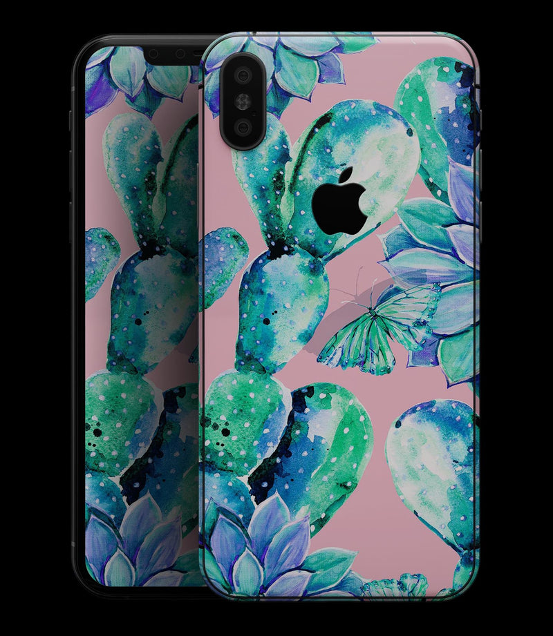 Watercolor Cactus Succulent Bloom V10 - iPhone XS MAX, XS/X, 8/8+, 7/7+, 5/5S/SE Skin-Kit (All iPhones Available)