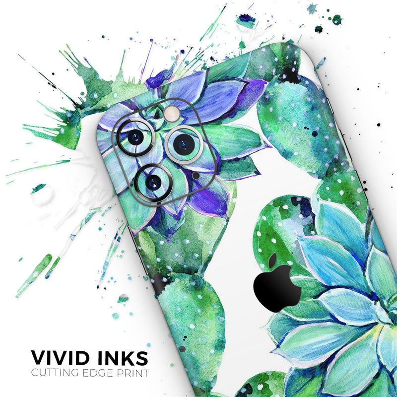 Watercolor Cactus Succulent Bloom V12 - Skin-Kit compatible with the Apple iPhone 13, 13 Pro Max, 13 Mini, 13 Pro, iPhone 12, iPhone 11 (All iPhones Available)