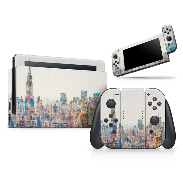 Watercolor New York City Skyline // Skin Decal Wrap Kit for Nintendo Switch Console & Dock, Joy-Cons, Pro Controller, Lite, 3DS XL, 2DS XL, DSi, or Wii