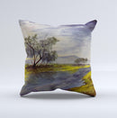 Watercolor River Scenery Ink-Fuzed Decorative Throw Pillow