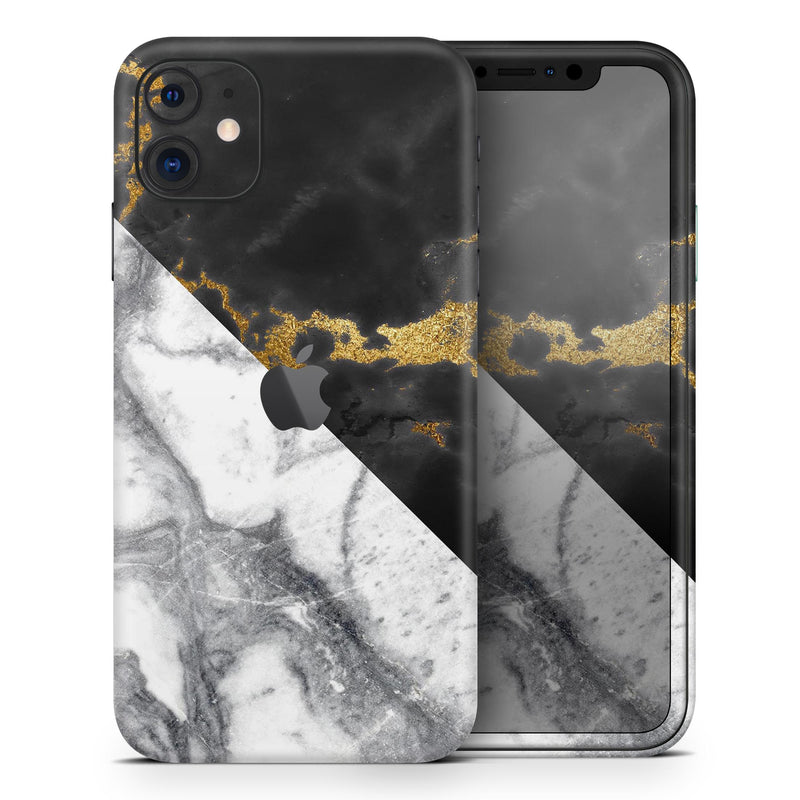 White-Black Marble & Digital Gold Foil V1 2 - Skin-Kit compatible with the Apple iPhone 13, 13 Pro Max, 13 Mini, 13 Pro, iPhone 12, iPhone 11 (All iPhones Available)