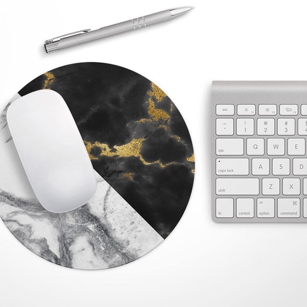 White-Black Marble & Digital Gold Foil V1// WaterProof Rubber Foam Backed Anti-Slip Mouse Pad for Home Work Office or Gaming Computer Desk