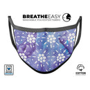 White Abstract Flowers Over Purple and Blue Cloud Mix  - Made in USA Mouth Cover Unisex Anti-Dust Cotton Blend Reusable & Washable Face Mask with Adjustable Sizing for Adult or Child