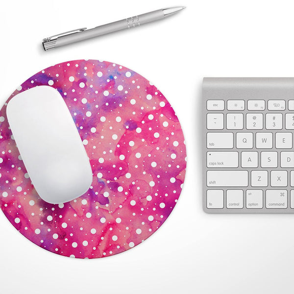 White Polka Dots Over Pink Watercolor Grunge// WaterProof Rubber Foam Backed Anti-Slip Mouse Pad for Home Work Office or Gaming Computer Desk