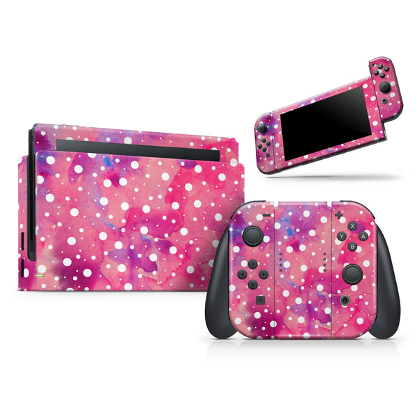 White Polka Dots Over Pink Watercolor Grunge // Skin Decal Wrap Kit for Nintendo Switch Console & Dock, Joy-Cons, Pro Controller, Lite, 3DS XL, 2DS XL, DSi, or Wii