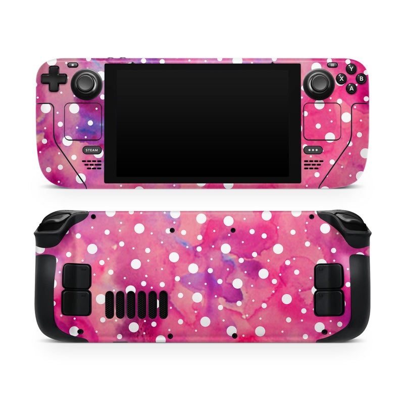 White Polka Dots Over Pink Watercolor Grunge // Full Body Skin Decal Wrap Kit for the Steam Deck handheld gaming computer