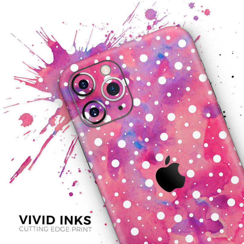White Polka Dots Over Pink Watercolor Grunge // Skin-Kit compatible with the Apple iPhone 14, 13, 12, 12 Pro Max, 12 Mini, 11 Pro, SE, X/XS + (All iPhones Available)