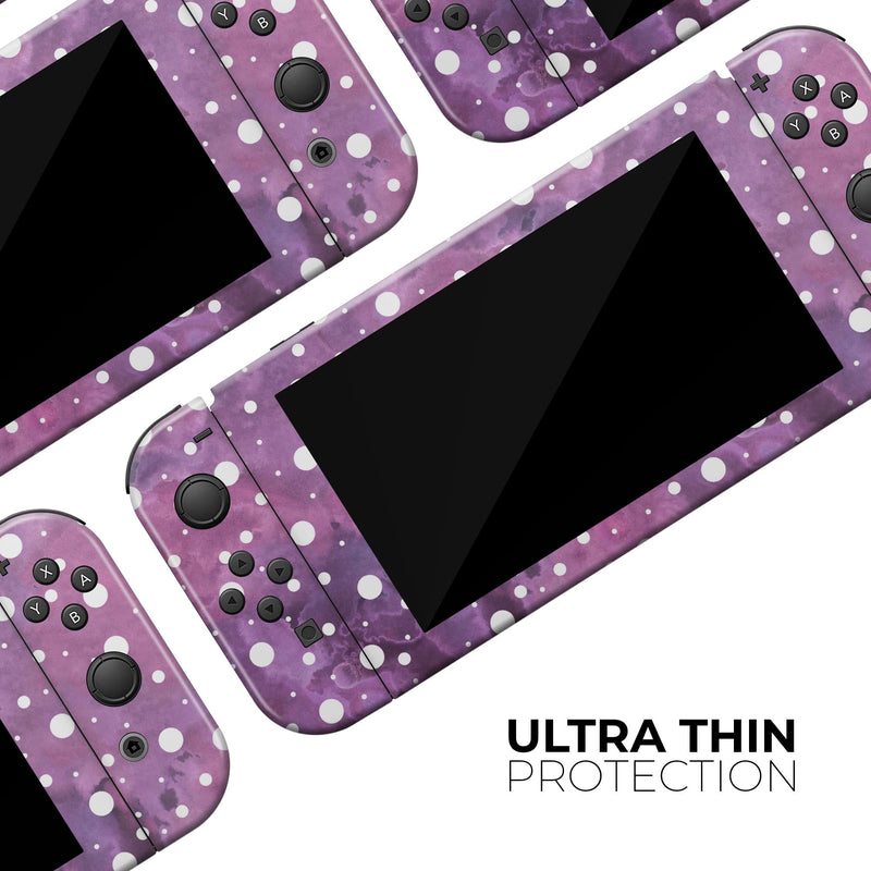 White Polka Dots Over Purple Pink Paint Mix // Skin Decal Wrap Kit for Nintendo Switch Console & Dock, Joy-Cons, Pro Controller, Lite, 3DS XL, 2DS XL, DSi, or Wii