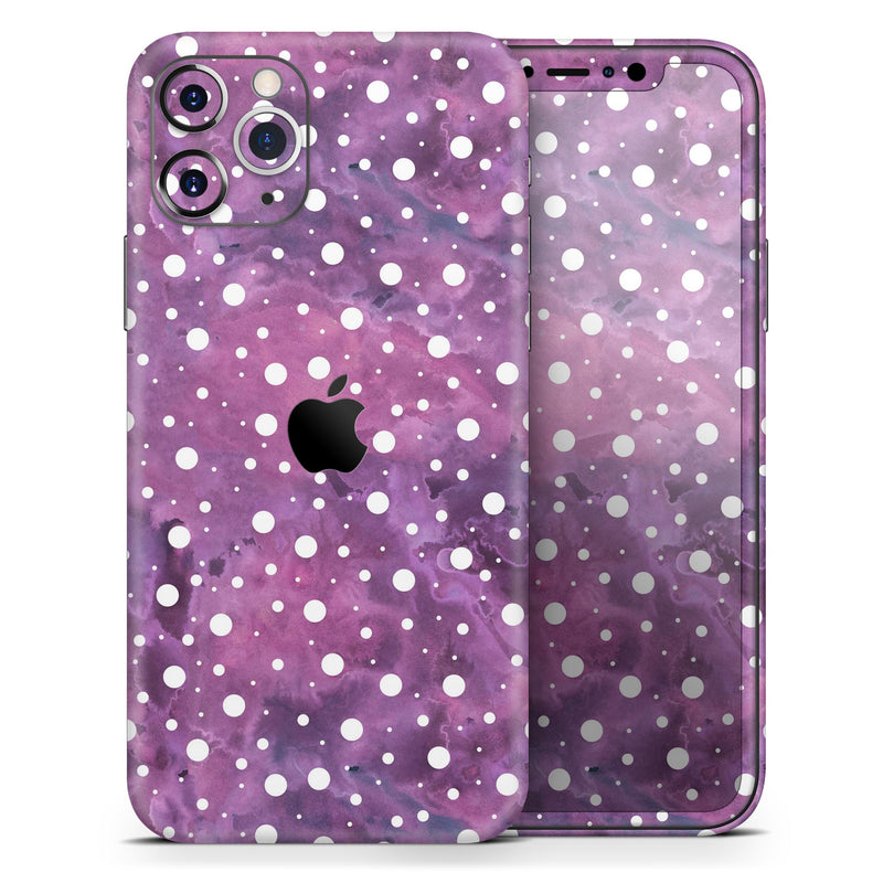 White Polka Dots Over Purple Pink Paint Mix // Skin-Kit compatible with the Apple iPhone 14, 13, 12, 12 Pro Max, 12 Mini, 11 Pro, SE, X/XS + (All iPhones Available)