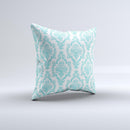White Teal Damask Pattern Ink-Fuzed Decorative Throw Pillow