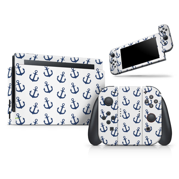 White and Navy Micro Anchors // Skin Decal Wrap Kit for Nintendo Switch Console & Dock, Joy-Cons, Pro Controller, Lite, 3DS XL, 2DS XL, DSi, or Wii