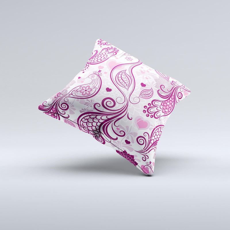 White and Pink Birds with Floral Pattern Ink-Fuzed Decorative Throw Pillow