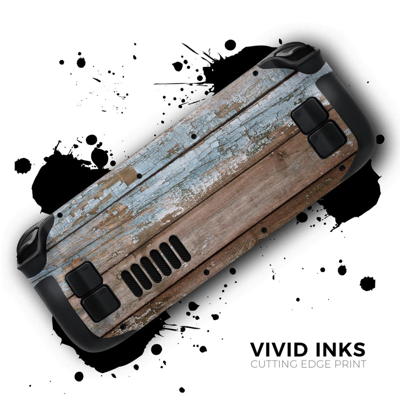 Wood Planks with Peeled Blue Paint // Full Body Skin Decal Wrap Kit for the Steam Deck handheld gaming computer