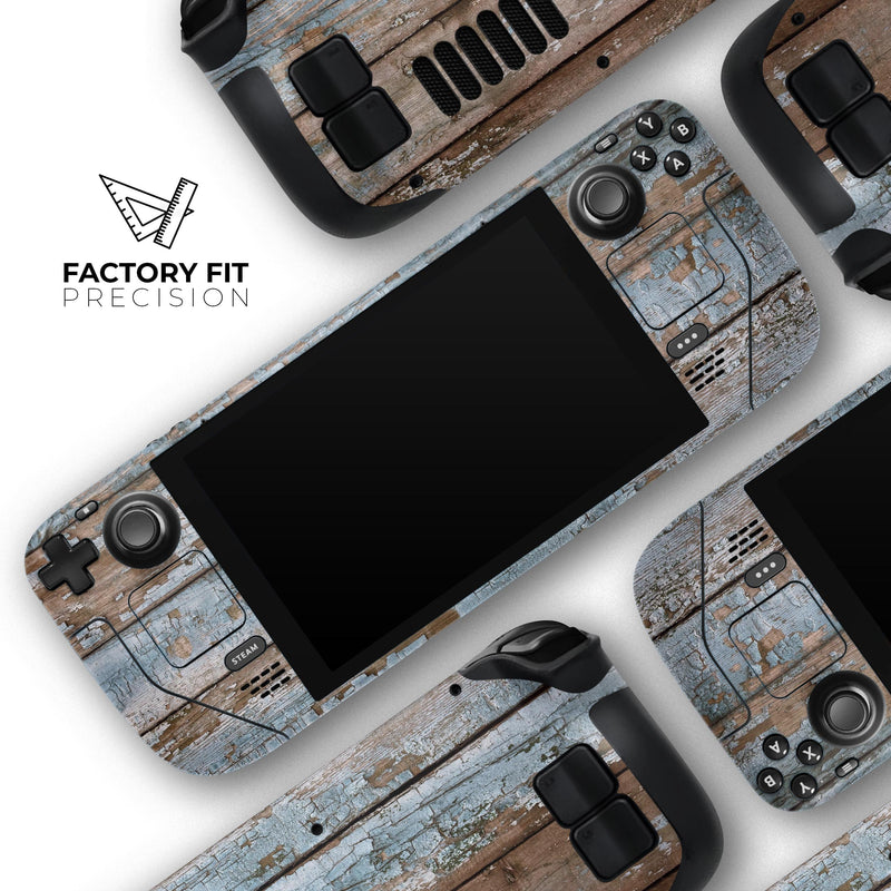 Wood Planks with Peeled Blue Paint // Full Body Skin Decal Wrap Kit for the Steam Deck handheld gaming computer