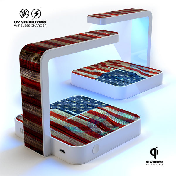 Wooden Grungy American Flag UV Germicidal Sanitizing Sterilizing Wireless Smart Phone Screen Cleaner + Charging Station
