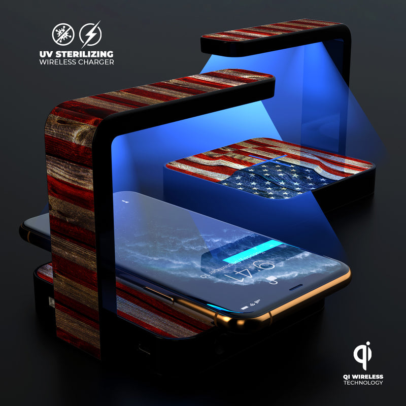 Wooden Grungy American Flag UV Germicidal Sanitizing Sterilizing Wireless Smart Phone Screen Cleaner + Charging Station
