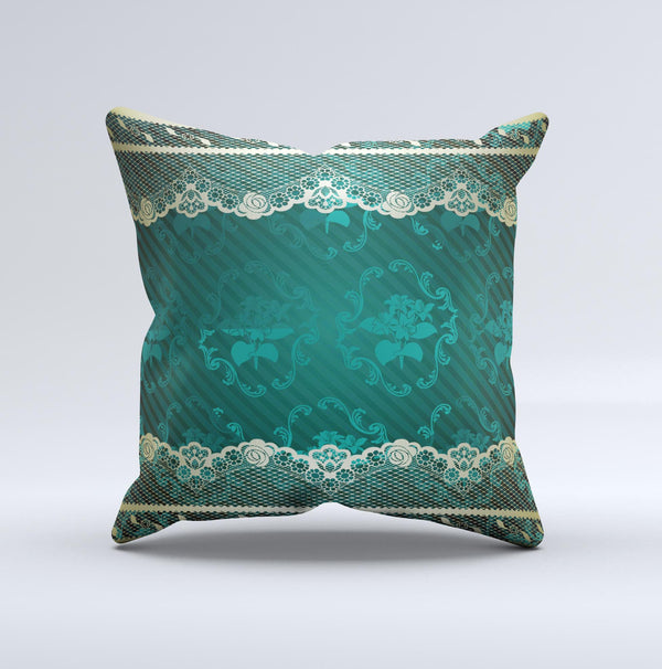 Yellow Elegant Lace on Green Ink-Fuzed Decorative Throw Pillow