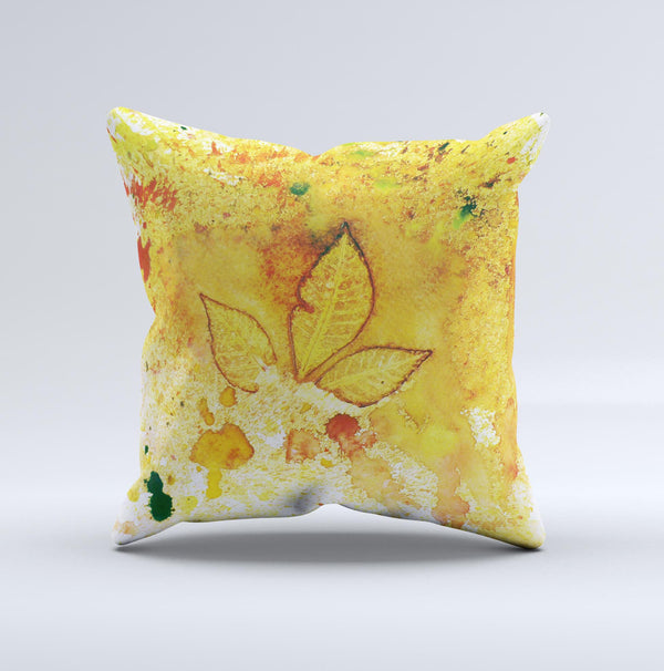 Yellow Leaf-Imprinted Paint Splatter ink-Fuzed Decorative Throw Pillow