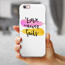 Yellow and Pink Love Never Fails iPhone 6/6s or 6/6s Plus 2-Piece Hybrid INK-Fuzed Case