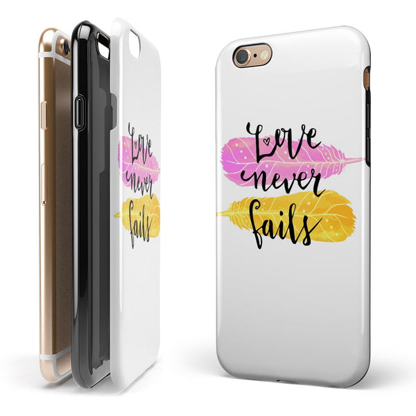 Yellow and Pink Love Never Fails iPhone 6/6s or 6/6s Plus 2-Piece Hybrid INK-Fuzed Case