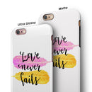 Yellow and Pink Love Never Fails iPhone 6/6s or 6/6s Plus 2-Piece Hybrid INK-Fuzed Case
