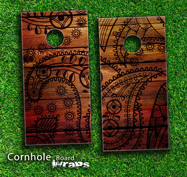 Tattooed Wood Skin-set for a pair of Cornhole Boards