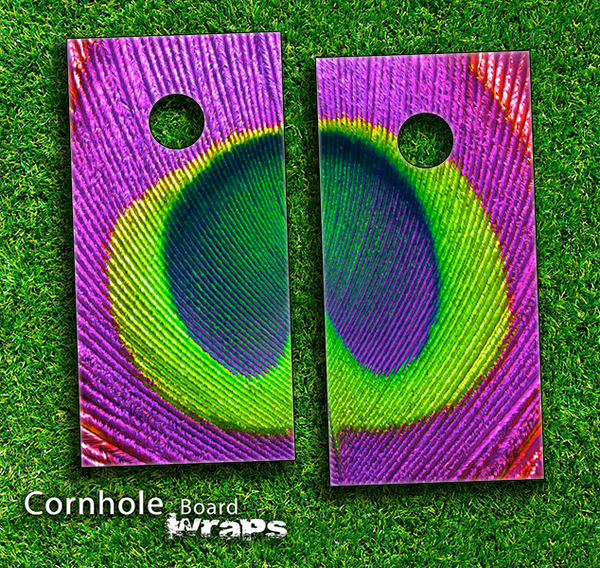 Neon Peacock Feather Skin-set for a pair of Cornhole Boards