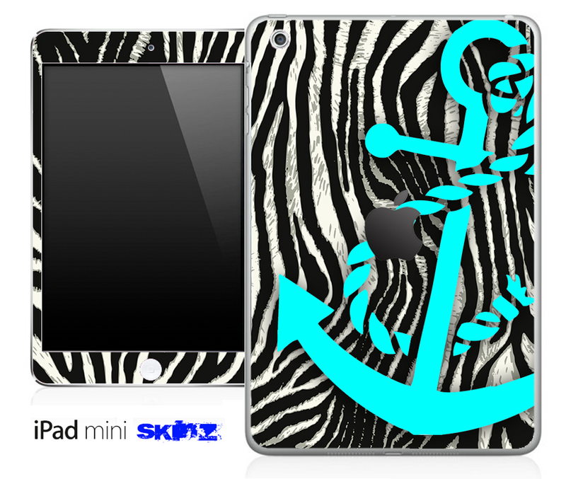 Real Zebra Print and Turquoise Anchor Skin for the iPad Mini or Other iPad Versions