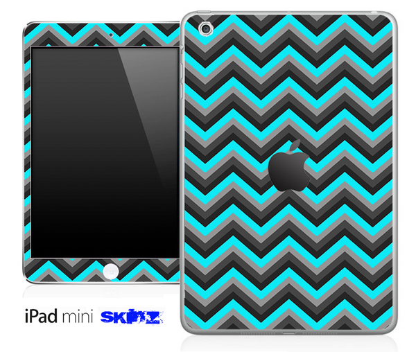 Aqua Blue, Black and Gray Chevron Pattern Skin for the iPad Mini or Other iPad Versions