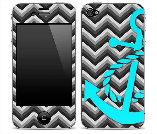 Black and Gray Chevron With Turquoise Anchor V3 Skin for the iPhone 3gs, 4/4s or 5
