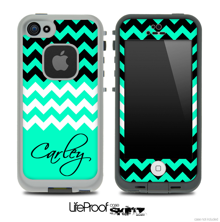Trendy Green/White and Black Chevron with Your Name Custom Skin for the iPhone 5 or 4/4s LifeProof Case