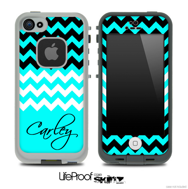 Trendy Blue/White and Black Chevron with Your Name Custom Skin for the iPhone 5 or 4/4s LifeProof Case