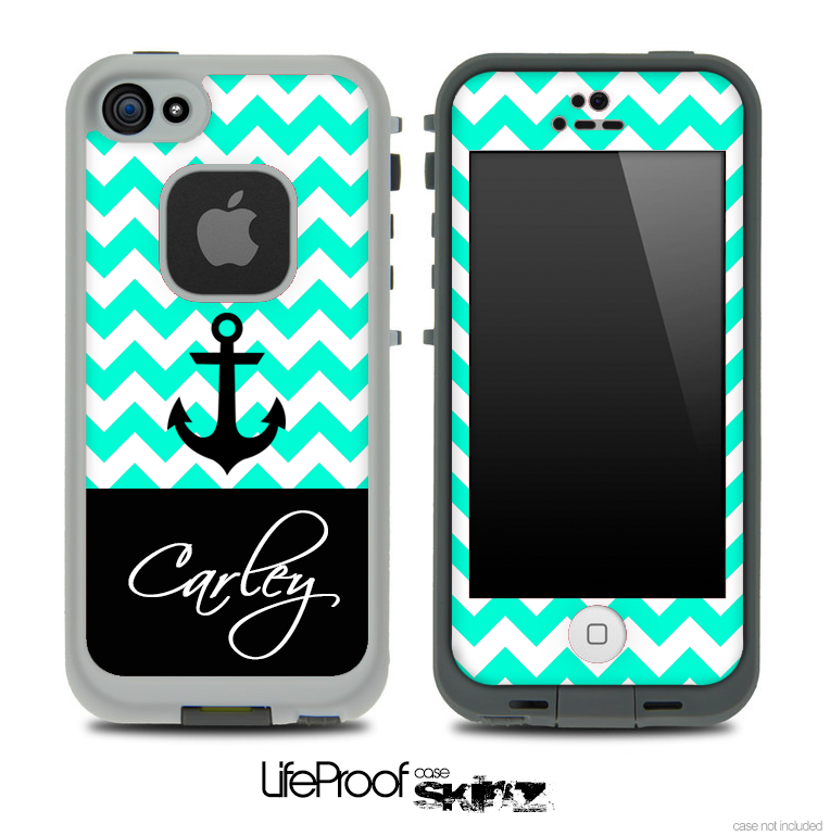 Trendy Green/White Chevron with Your Name Custom Skin for the iPhone 5 or 4/4s LifeProof Case