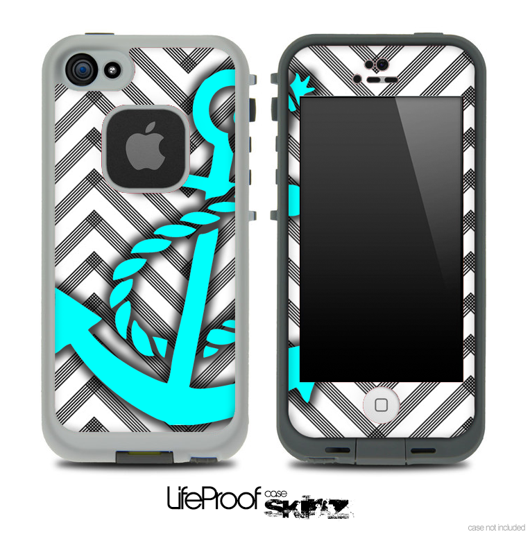 Sketch Black/White Chevron and Turquoise Anchor Skin for the iPhone 5 or 4/4s LifeProof Case